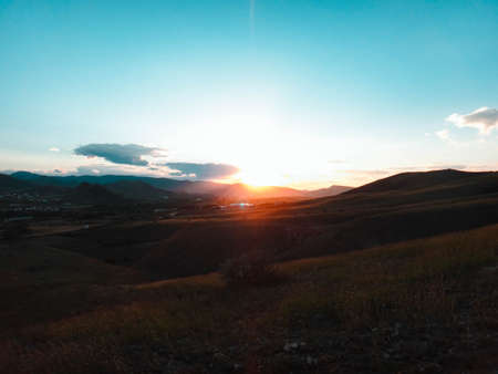 Beautiful photo of sunset on the field.の写真素材