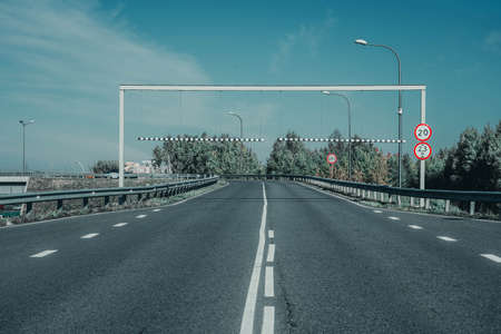 Photo of the road next to green trees in the city.の写真素材