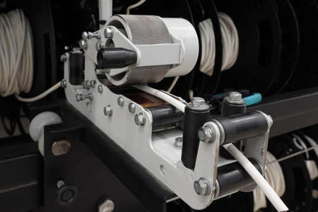 Close-up photo of a black and white machine.の写真素材