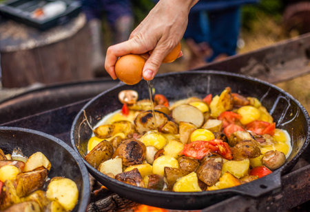 Photo of driving an egg into a cauldron with potatoes, mushrooms and tomatoes in the forest on nature.の写真素材