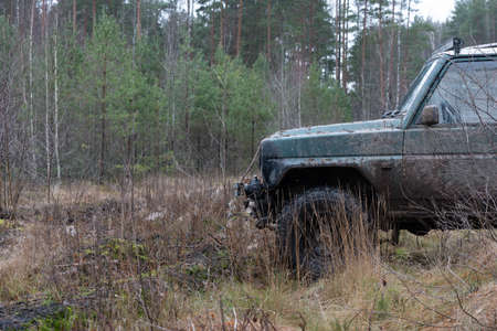 Photo of an off-road black car on muddy gravel road. Rally racing SUV in the forest with trees....