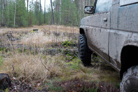 Photo of an off-road black car on muddy gravel road. Rally racing SUV in the forest with trees....