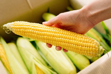 Womans hands hold clean corn cob. Farmer holding corn cobs harvest in hands in corn field. A close up of woman hands holds a corn in a box. Selective focus.の写真素材