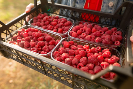 Female hands holding fresh red raspberries freshly harvest in plastic container box on background branch of berries at sunset. Healthy eating, dieting fruits.の写真素材
