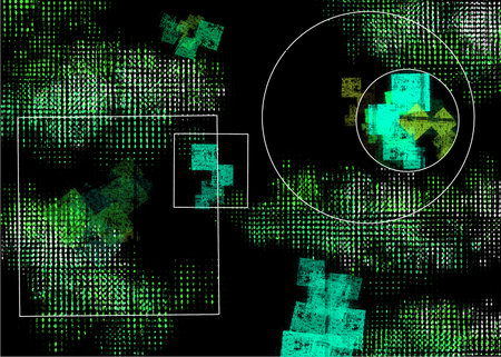 Green neon glowing particles on black background. Crossed squares, circles and dots. Geometric abstract illustration with glowing blurred elements. High quality illustration.の写真素材