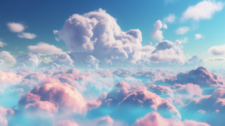 Light pink clouds in sunset blue sky, sunshine splash over the clouds. Sunset colorful. Sky pink and white colors. Sky abstract background. Generative AI. High quality illustration.の素材