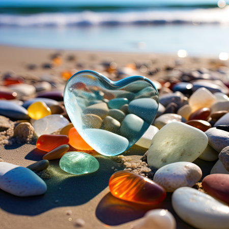 A lot of stones of different shapes and in the shape of a big heart on the ocean or sea on a sandy beach. Glowing natural colored heart shaped polish sea glass and stones on the seashore. Sunny day and sea waves on the background. High quality illustration.の素材
