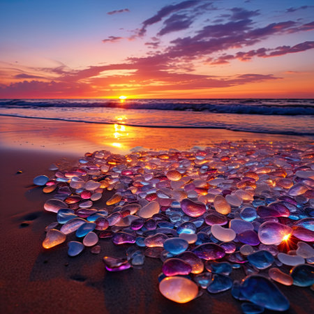 Crimson sunset on a beach filled with glowing natural colored polish sea glass and stones on the seashore, with sky, sandy beach with coast glass, photo realism, long exposure photography, ethereal. High quality illustration.の素材