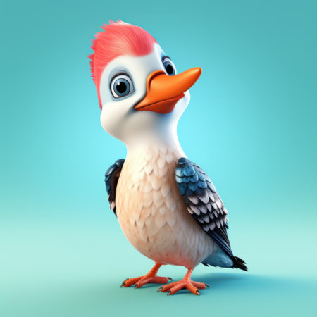 Cute and funny baby woodpecker with red feathers on head side view. Cartoon style character pecker bird on pastel blue background. Side view. High quality illustration.の素材