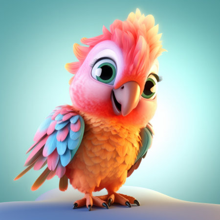 Cute pink violet fluffy colorful pastel happy parrot with big eyes standing and looking at the camera. Cartoon style character bird on pastel blue background. High quality illustration.の素材