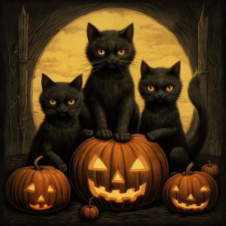 Halloween vintage style art of pumpkins and three black cats sitting. Greeting card or poster with orange pumpkin lantern, glowing Jack-o-lanterns. Clip art for holiday events. High quality illustration.の素材