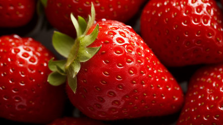 Close-up view of a pile of red strawberries, with bright green stems. Strawberry background. High quality illustration.の素材