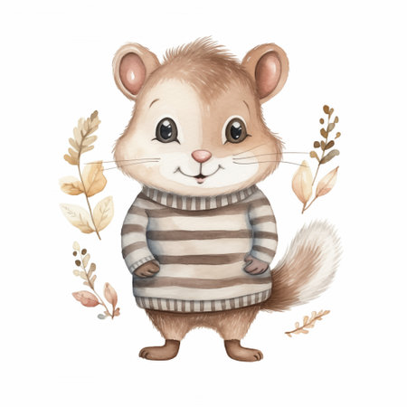 Captivating watercolor illustration of a cheerful chipmunk dressed in a cozy striped sweater, standing amidst a sprinkling of autumnal foliage, with a palette of warm browns and soft neutrals. High quality illustration.の素材