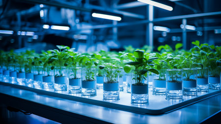 Hydroponic garden with rows of small green plants in glass containers, illuminated by artificial blue light, showcasing sustainable urban agriculture. High quality illustration.の素材