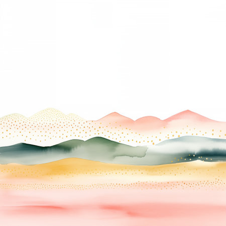 Abstract watercolor mountains in pastel hues of green and pink, adorned with golden dots, present a gentle and dreamy landscape on a soft white canvas, exuding tranquility and artistic flair. High quality illustration.の素材