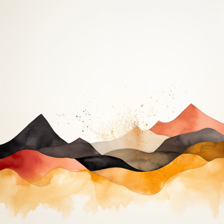 Watercolor artwork of abstract mountains, with a blend of deep black, rich red, and golden hues, accented by splattered paint details, conveying a sense of dynamic earthiness and warmth. High quality illustration.の素材