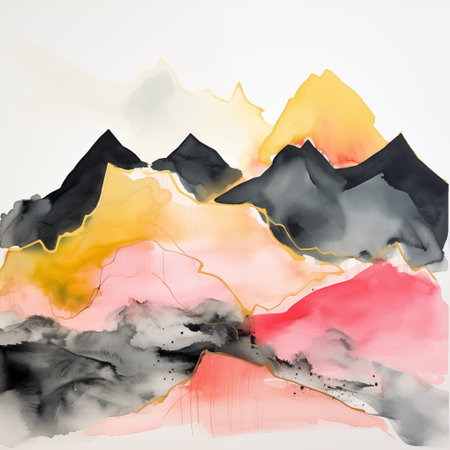 An abstract expressionist watercolor painting depicts rugged mountain forms in bold black and yellow, intersected by delicate pink layers, against a white background, suggesting a dynamic and colorful landscape. High quality illustration.の素材