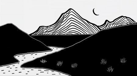 Monochrome mountain landscape with striped patterns, featuring a river, contrasting textures, and a crescent moon in a night setting. High quality illustration.の素材