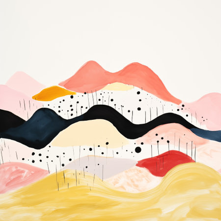 Abstract acrylic painting of stylized mountains, featuring a vibrant palette of pink, orange, black, and yellow with dotted details, evoking a playful and modern interpretation of a mountainous landscape. High quality illustration.の素材