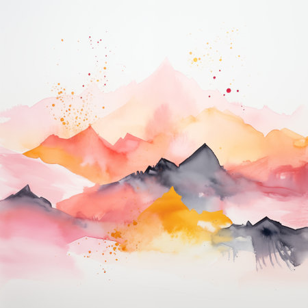 Vibrant watercolor painting showcasing a dynamic mountainous landscape with layers of pink, orange, and grey, accented with energetic splashes of gold and red paint for a lively effect. High quality illustration.の素材