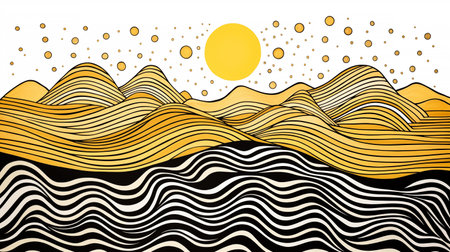 Stylized yellow and black striped hills under a dotted sky with a central sun, depicting a vibrant and abstract wave landscape. High quality illustration.の素材