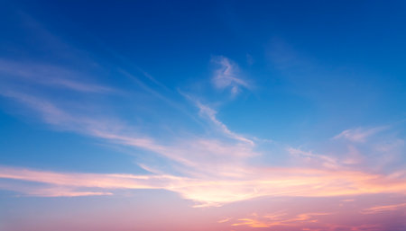 Sunset sky background with tiny clouds. Panoramic image.の写真素材