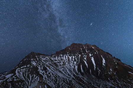 Milky Way over the mountain peak at night. Beautiful starry sky.の写真素材
