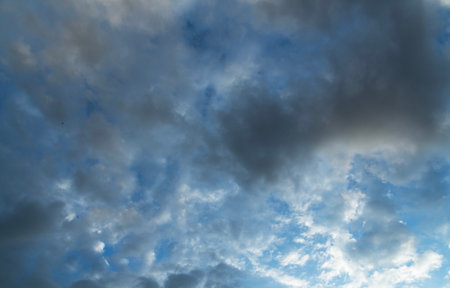 Blue sky with white clouds and sun. Panoramic image.の写真素材