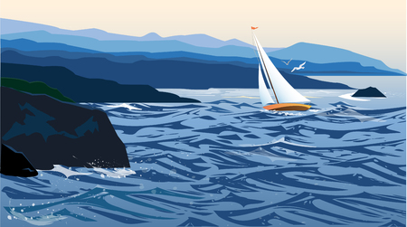 Seascape with a sailing boatのイラスト素材