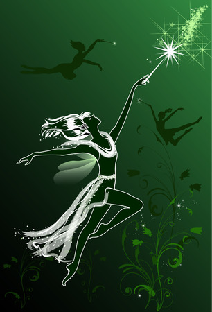 Flying Fairies on a green floral backgroundのイラスト素材