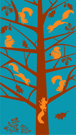 Stylized oak tree with squirrelsのイラスト素材