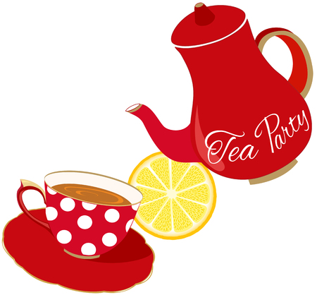 Tea Party Invitation, red cup and teapotのイラスト素材