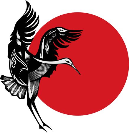 Crane flapping its wing on a sun backdropのイラスト素材