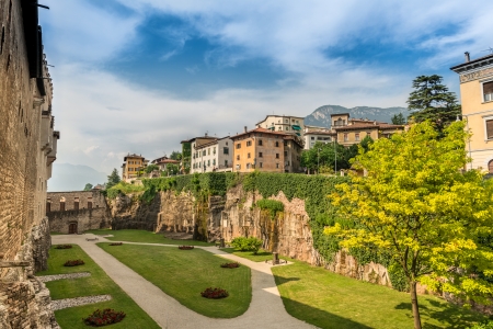 Italian Garden of Buonconsiglio in Trento. Details of external walls and a path through the vine rose garden.のeditorial素材