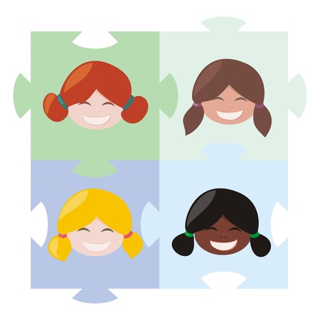 Happy multicultural girls matching on the puzzle illustration. Teamwork, cooperation, partnership or globalization and union symbolのイラスト素材