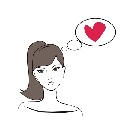 Young, hand drawn in simply glamour design style, thinking girl with brown hair and heart. Illustration isolated on white background. Woman with love on her mindのイラスト素材