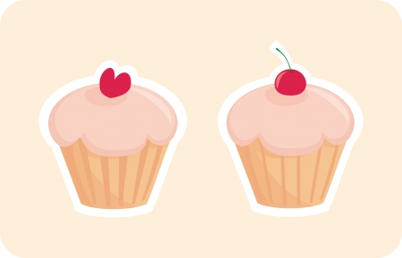 Sweet retro cupcakes silhouettes with red cherry and heart on top isolated on pink background  I love sweets  Wedding or birthday sweet muffins logo - vector illustration のイラスト素材