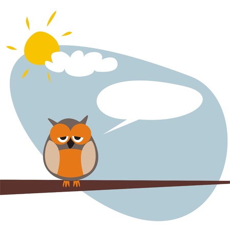 Sweet and funny sleepy talking owl on the tree at sunny day after hard night. Symbol of wisdom and school. Vector illustrationのイラスト素材