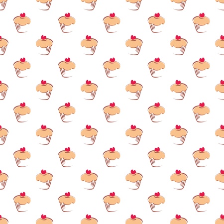 Seamless vector pattern, texture or background with sweet muffin cupcakes. Red lovely heart on top. のイラスト素材