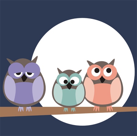 Funny, staring owls sitting on branch on a full mon night - illustration isolated on white background. Cute, cartoon symbol of wisdom.のイラスト素材
