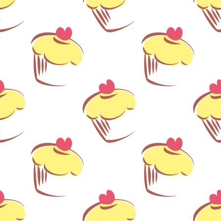 Seamless vector pattern or texture with lemon cupcakes, muffins, sweet cake and red heart on top isolated on white  Background with sweets for valentines, wallpaper, desktop or culinary blog websiteのイラスト素材