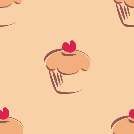 Seamless vector pattern or texture with little cupcakes, muffins, sweet cake and red heart on top. Background with sweets for card, invitation, valentines, wallpaper, desktop or culinary blog websiteのイラスト素材