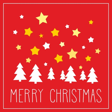 Christmas vector card or invitation for party with Merry Christmas wishes. Classic illustration with dark blue background, white, blue and yellow stars, trees & Merry Christmas messageのイラスト素材
