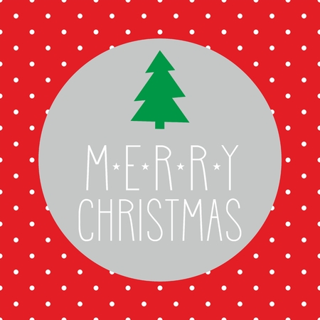 Holidays vector card with green christmas tree and hand drawn Merry Christmas wish on polka dots red backgroundのイラスト素材