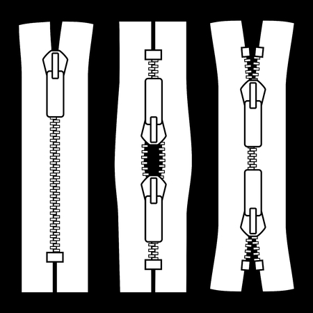 Zipper types. Closed-ended type X and the type schema zip vector illustration isolated on black background.のイラスト素材