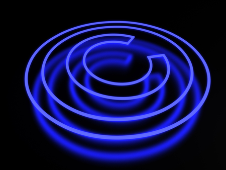 3d render neon copyright icon isolated on black backgroundの写真素材