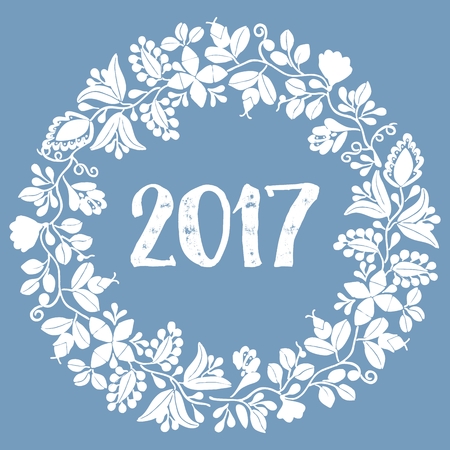 Pastel laurel wreath New Year 2017 white frame isolated on blue backgroundのイラスト素材