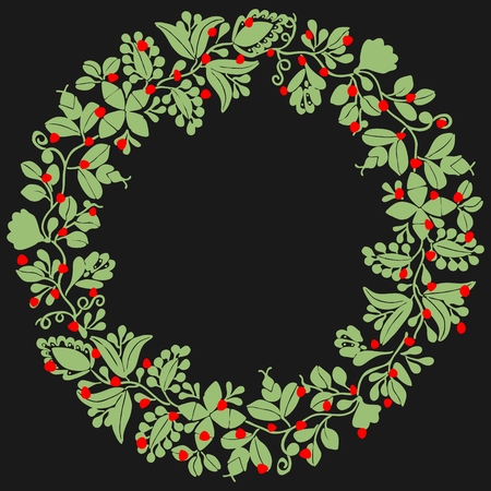 Green and red christmas vector wreath isolated on black backgroundのイラスト素材