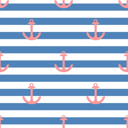 Tile sailor vector pattern with pink anchor on navy blue and white stripes backgroundのイラスト素材