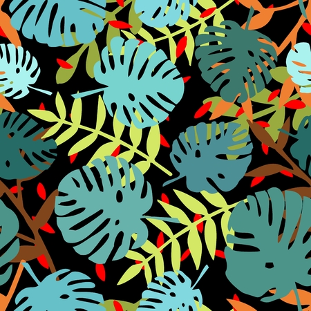 Tile tropical vector pattern with green exotic leaves on black backgroundのイラスト素材